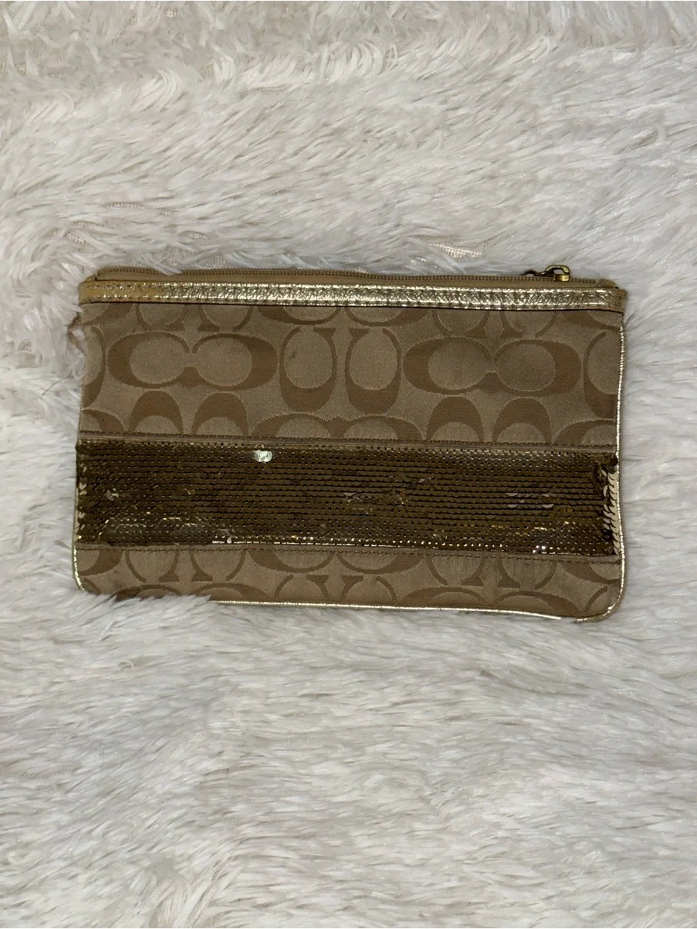 Coach Gold Sequins Classic Tan Brown Canvas Wristlet Wallet Signature Beige